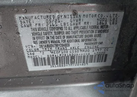 2021 Nissan Sentra Sr Xtronic Cvt из США, поврежденный, VIN 3N1AB8DV7MY284809